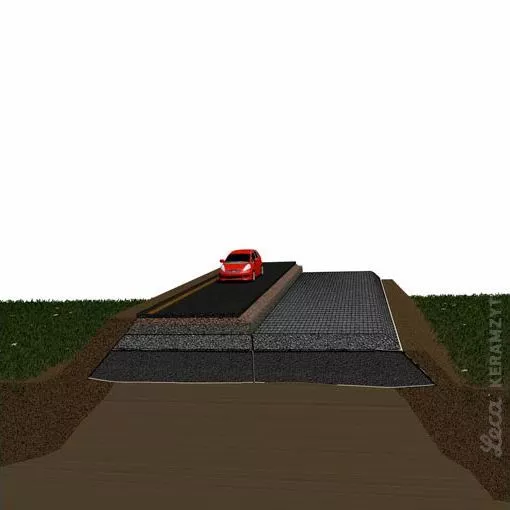10. Ułożenie keramzytu w geotkaninie, usunięcie ścianki i ułożenie zapasu geosiatki